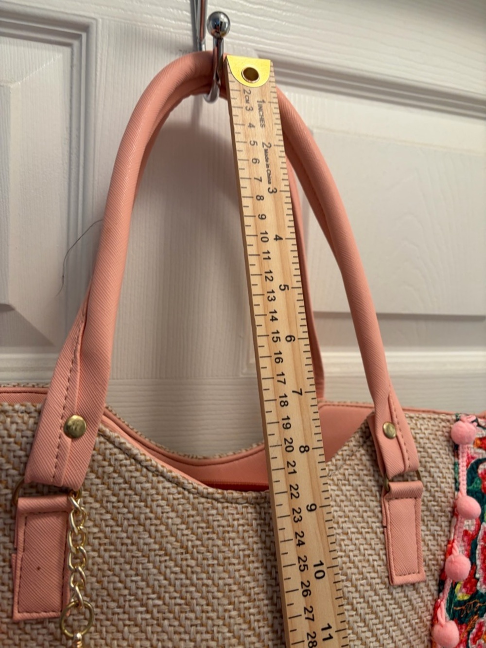 Boho Floral Tote Bag Pink Pom Pom Crossbody Purse - Picture 5 of 8